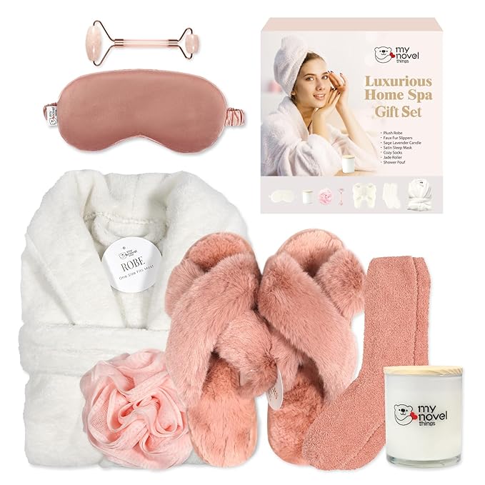 Birthday Gifts For Women, Bathrobe Set With Silky Satin Sleep Mask, Spa Robe and Slippers set, Scented Candle Self Care 7 Pack Set Suitable For Christmas Thanksgiven Day Red