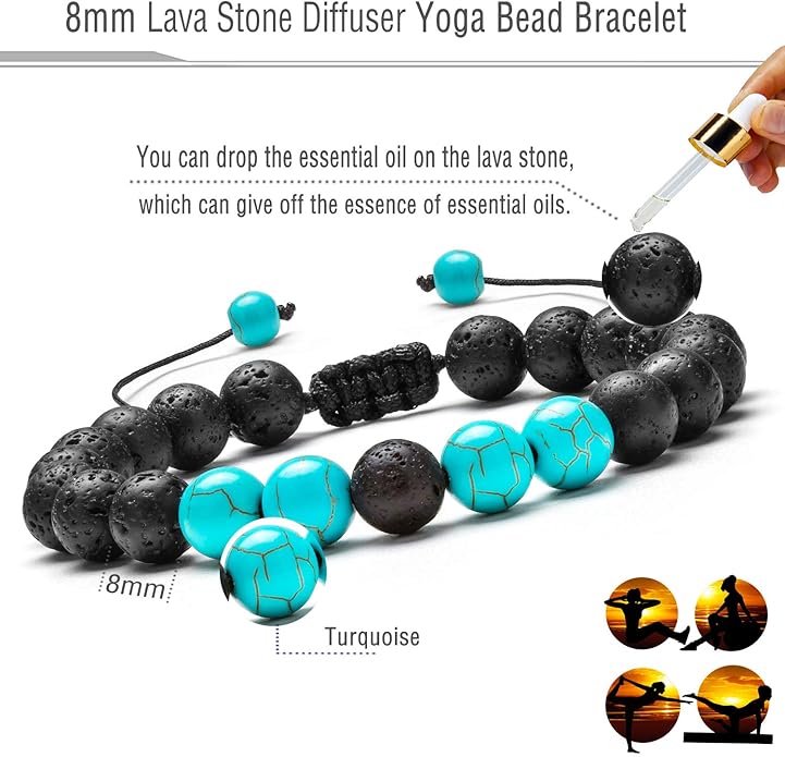 Hamoery Men Women 8mm Lava Rock Aromatherapy Anxiety Essential Oil Diffuser Bracelet Braided Rope Natural Stone Yoga Gifts Beads Bracelet Bangle-21017