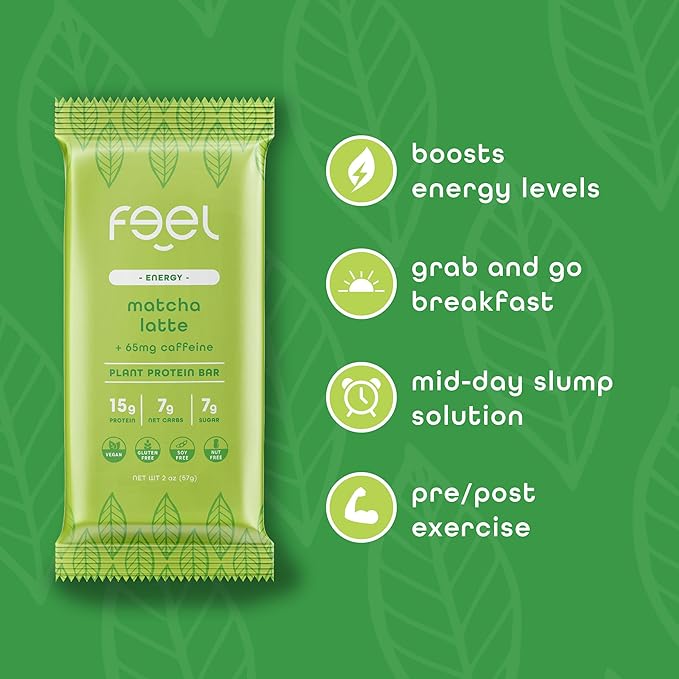 Feel Vegan Protein Bars | Matcha Latte | Keto | Gluten Free | Organic | 15g Plant Protein | Low Carb | High Protein | Dairy Free | Low Sugar | Nut, Grain, Soy Free | Non GMO | 10 Pack