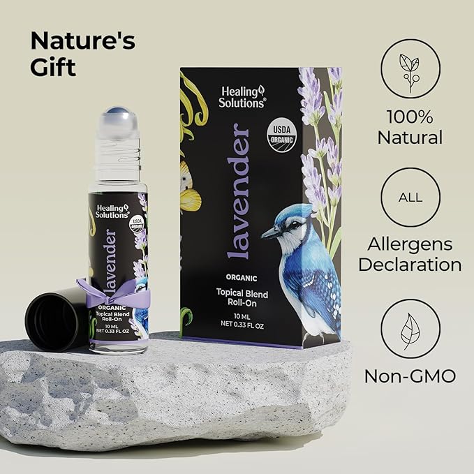 Healing Solutions Lavender Essential Oil Roll-On (2-Pack) - USDA Organic Calming Essential Oil Roller for Sleep & Skin