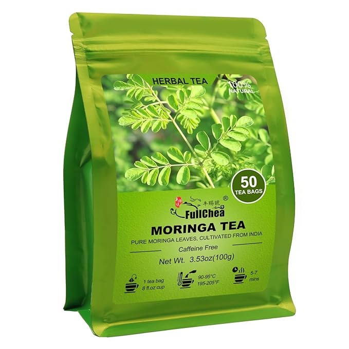 FullChea - Moringa Tea, 50 Teabags - Pure & Natural Moringa Leaves, Cultivated From India - Herbal Tea for Supporting Digestion & Immune System - Non-GMO - Caffeine-free