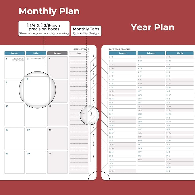 IN-LUXPRO Weekly Monthly 2026 Planner (Jan.26-Dec.26),8.5"x6.5",12 Months Agenda Plan with Month Tabs & Pocket,Expenses/Note Pages, Appointment Book Calendar with Hardcover Vegan Leather Cover,Red