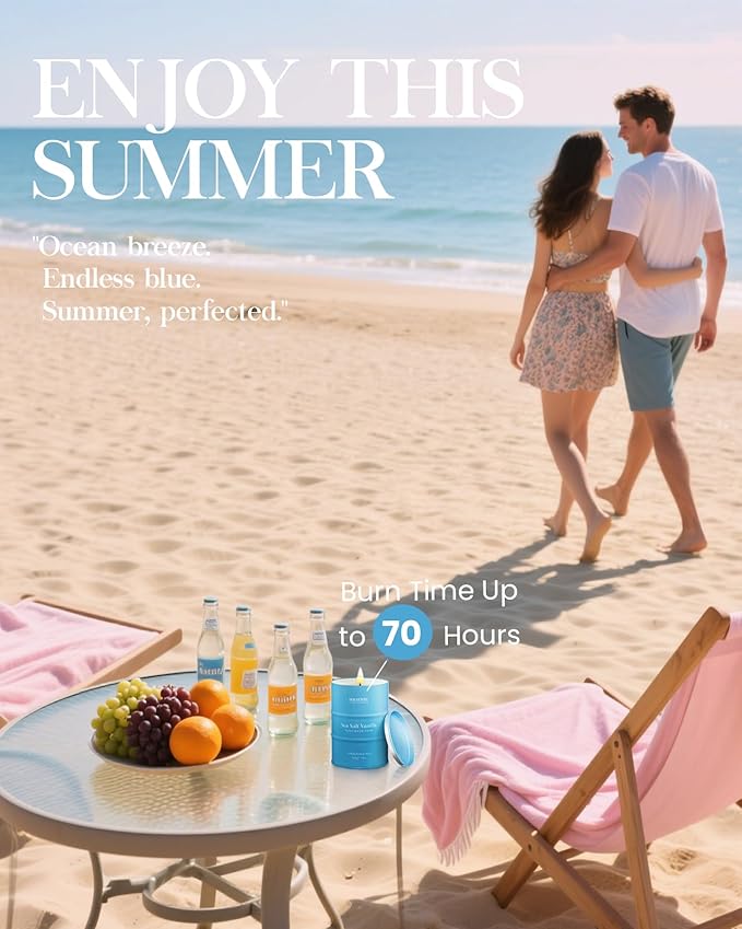 M&SENSE Sea Salt Vanilla Beach Scented Candles, Coastal Soy Candle, Summer Candle for Stress Relief Meditation Relaxing, Housewarming Gifts for Women Men, 11.3oz 70 Hour Long Burning