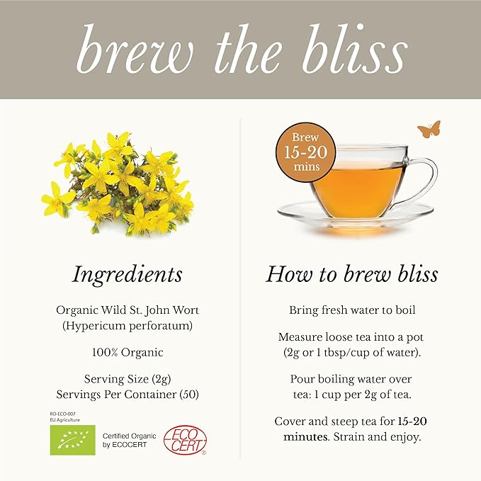 Wild Bliss Organic St Johns Wort Tea - Caffeine Free Mood Balance Support Herbal Tea - Pharmacopoeia Potency - Loose Leaf 3.52 Oz - 50 Servings