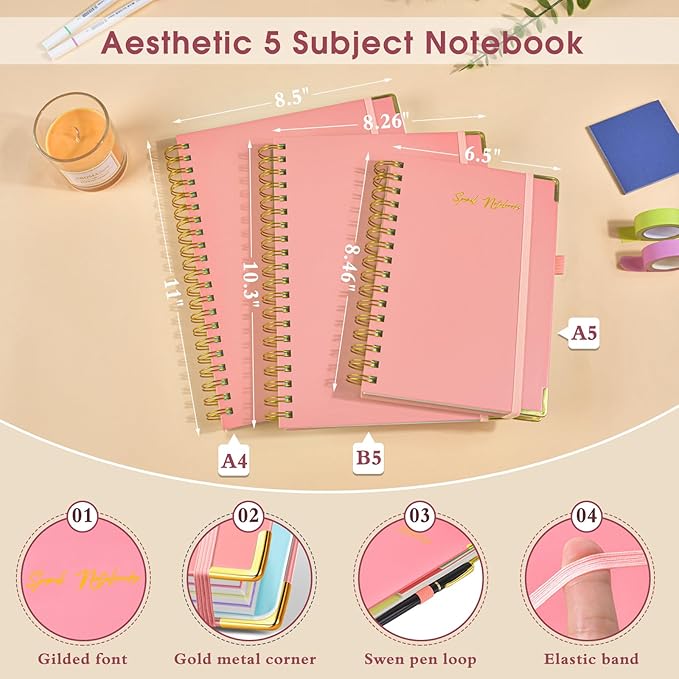 Hardcover Spiral Notebooks for Work, 5 Subject Notebook College Ruled with Dividers Tabs, Lined Organizer Notebook Journal for Women, 240 Pages Small A5 Notebooks for School Note Taking, 5x7 Pink