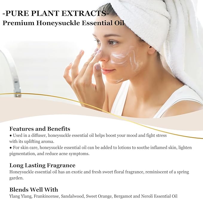 EUQEE Honeysuckle Essential Oil 118ml Pure Honeysuckle Oil Premium Essential Oil - with Glass Dropper Great for Diffuser, DIY Soap, Candle Making - 4Fl. OZ