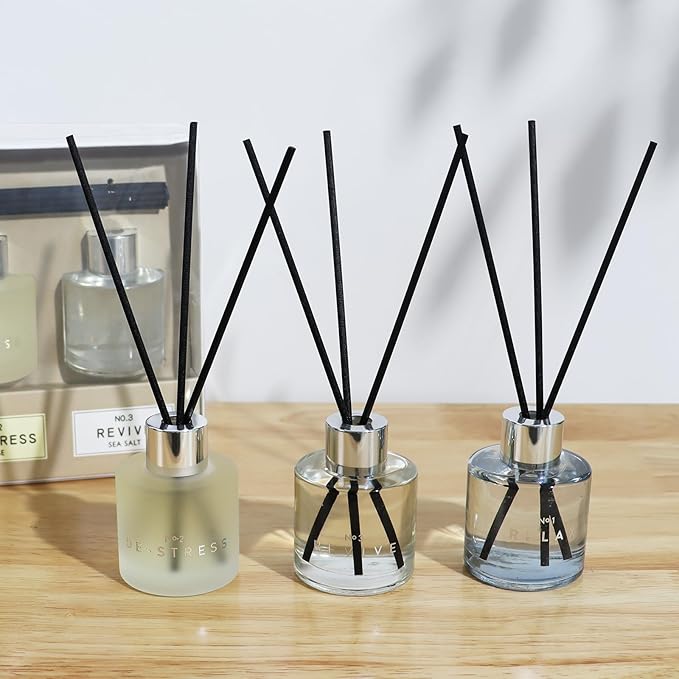 Set of 3 Reed Diffuser Set, 50ML Black Cedar Juniper Rose Sea Salt Reed Diffusers with 12 Black Fiber Sticks,Scent Diffuser Air Freshener for Bedroom Bathroom Office