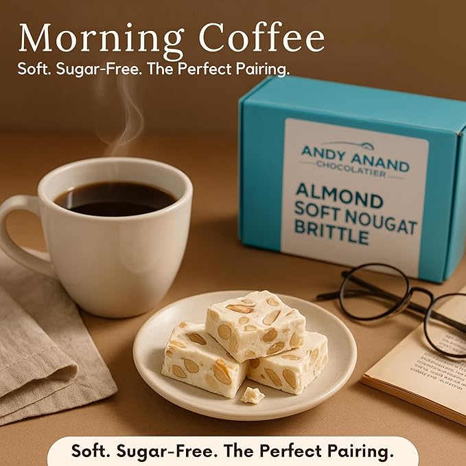 Andy Anand Chocolatier Sugar Free Roasted Almond Soft Nougat Brittle - Made in Europe Gluten Free Diabetic Friendly Nougat Candy, Unforgettable Flavor,Bite With Italian Nougat Brittle (7 Oz)