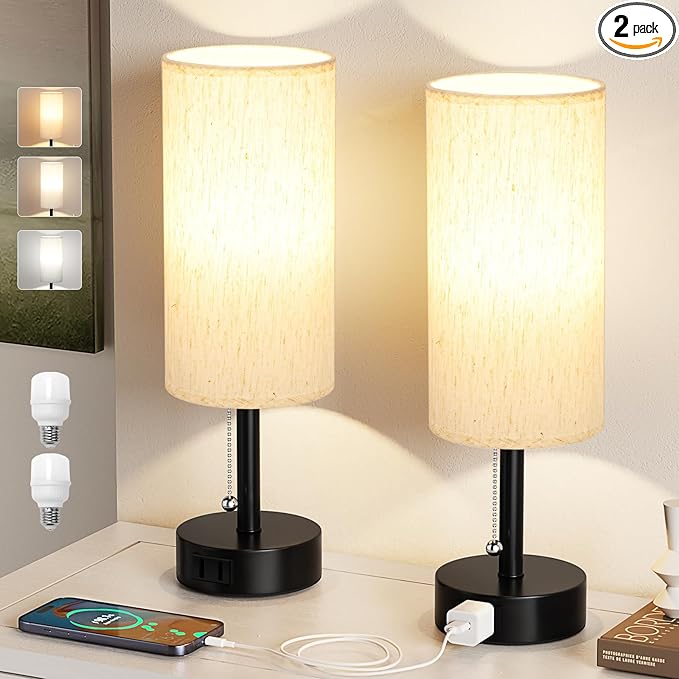 Fenmzee Bedside Table Lamps Set of 2-3 Color Temperatures Pull Chain Lamp with AC Outlet Charging Port, Small Round Night Stand Lamps for Bedroom Guest Room Office, Bed Side Light with E26 LED Bulbs
