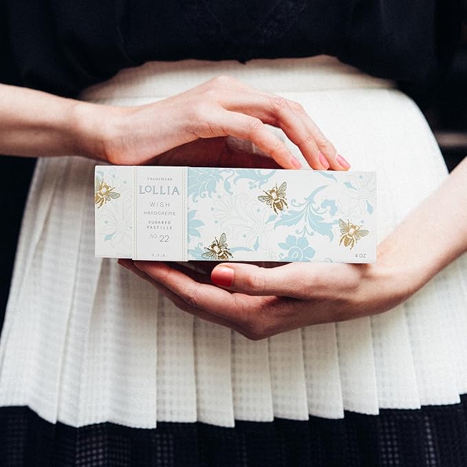 LOLLIA Wish Handcreme, 4 oz, Sugar Cane, Vanilla Bean, & Jasmine Scented Hand Cream for Women, Moisturizing Lotion for Dry Hands, Quick Absorbing Shea Butter & Cocoa Butter, Luxury Purse Essentials