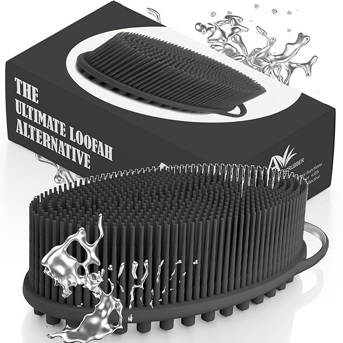 Avilana Silicone Body Scrubber - Food Grade & Lab Tested, Gentle Exfoliating Shower Brush for All Skin Types, Hygienic Quick-Dry Loofah Alternative (Dark Gray, Massage-Silver)
