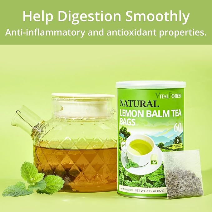 60 Lemon Balm Tea Bags - VitalForest Dried Lemon Balm Leaves Tea -1.5g/Bags, Calming Herb, Stress Relief & Sleep Support, Non-GMO, Caffeine-Free