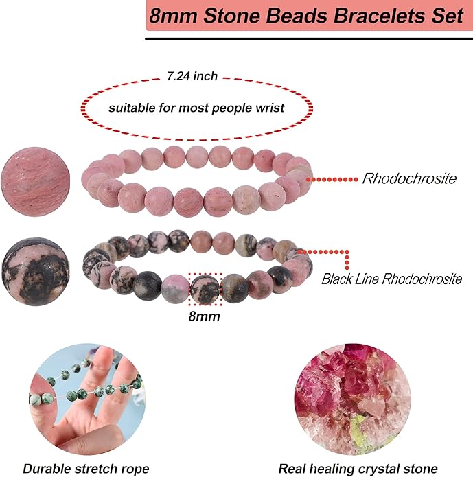 Bivei Natural Gemstone Semi Precious Healing Crystals Handmade Stretchy Round Beads Bracelet, Enhance Positive Energy