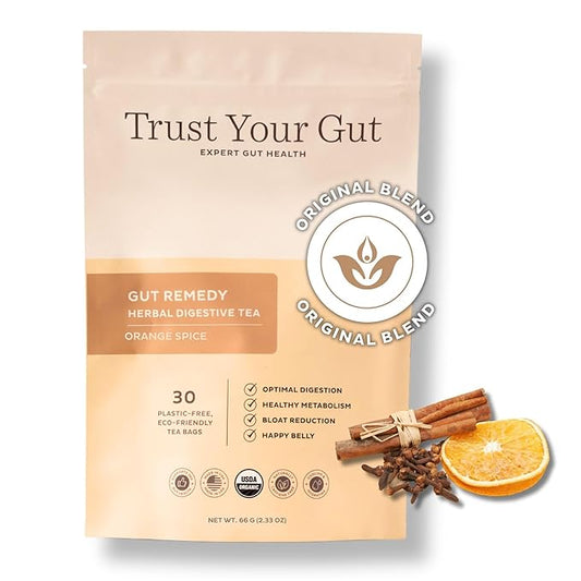 Trust Your Gut Organic Herbal Tea Blend with Lemon Balm, Holy Basil, Dandelion, Ginger Root – Liver Detox, Digestion & Gut Health Support, Gas Bloating Relief – Orange Spice, 30 Bags