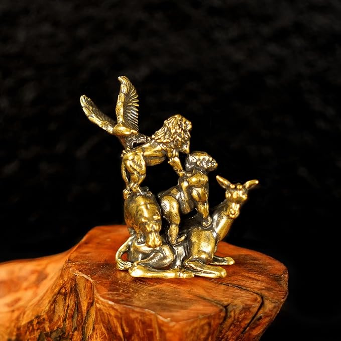 CHOVY Jungle Pyramid Statue - 100% Solid Brass Animal Stack Sculpture (Eagle on Lion, Gorilla & Hippo on Deer), Handcrafted Zoomorphic Art for Office Desk, Unique Safari Decor Gift