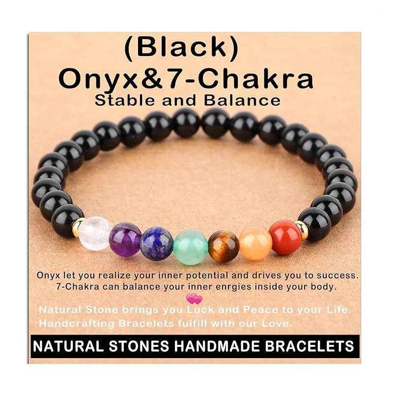 AD Beads Handmade Gemstone Stretch Elastic Bracelet Crystal Healing Reiki Nature's Beauty and Spiritual Essence Unisex (6mm, Onyx & 7-Chakra (Stable and Balance))