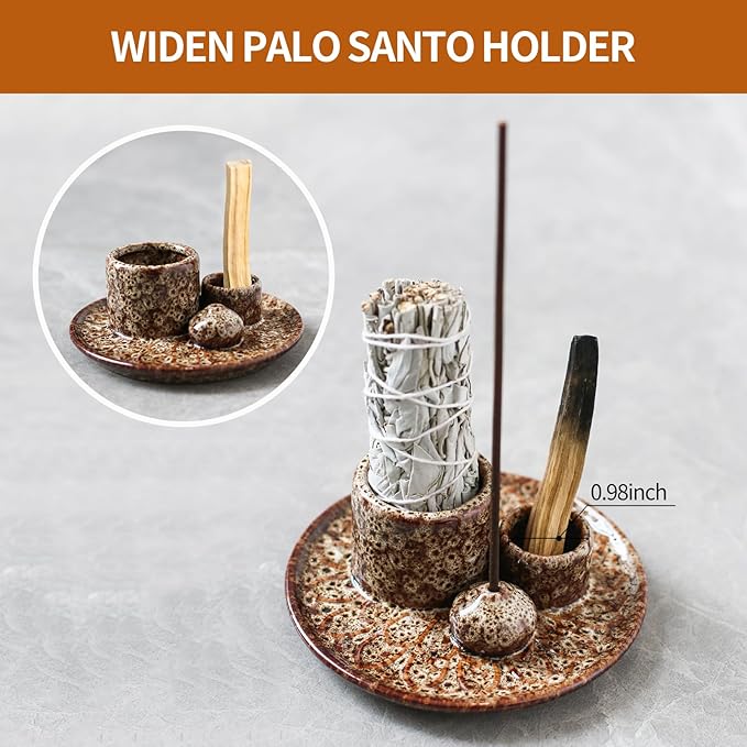 Palo Santo Sticks Holder, Multi-Purpose Handmade Ceramic Incense Burner for Palo Santo Incense Sticks, Sage Holder for Burning, Ash Catcher Tray for Meditation Yoga Room-Brown White