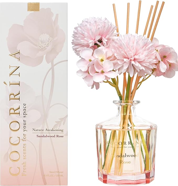 COCORRÍNA Reed Diffuser - Sandalwood Rose 8.5oz Flower Reed Diffuser Set with 8 Sticks, Home Fragrance Reed Diffuser for Home Bedroom Office Bathroom Shelf Decor (Master Collection)