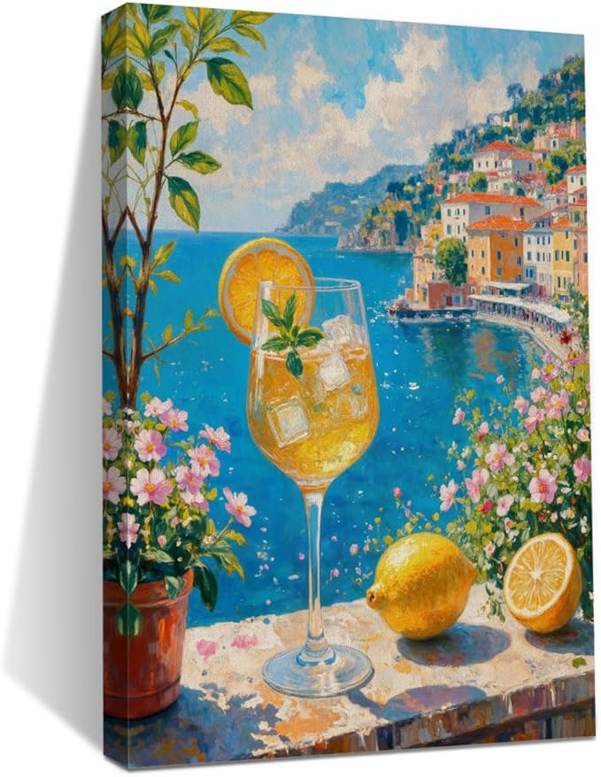 Italy City Wall Art, Coastal Landscape Watercolor Painting Italy Lemon Canvas Framed Prints Modern Decorations, Summer Aesthetic Flowers Poster for Living Room Entryway Farmhouse Bedroom Dining room