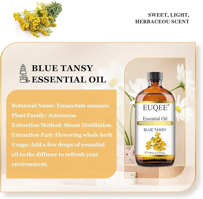 EUQEE Blue Tansy Essential Oil 118mL/4oz Pure Blue Tansy Oil Premium Essential Oil for Diffuser, Soap Making, Skin Care with Glass Dropper