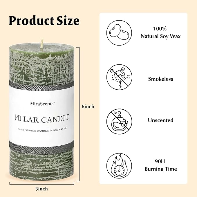 3x6 Inch Moss Green Pillar Candles - Set of 3, Long Clean Burning, Smokeless Dripless Candles for Spring Home Decor, Dinner Table, Bathroom, Rustic Decor