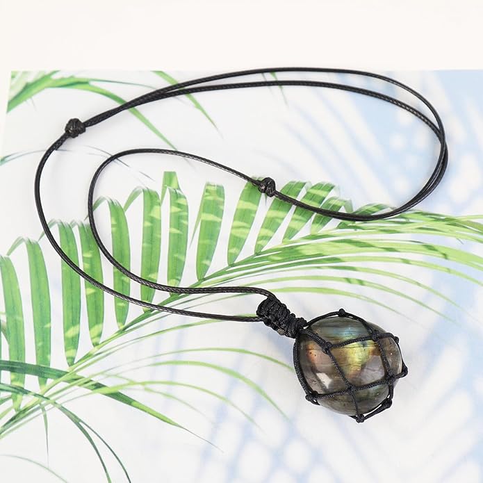 Handmade Natural Gemstone Crystal Pendant Necklace Stone Holder Necklace Cord Net Necklace with Adjustable Length for Women Men