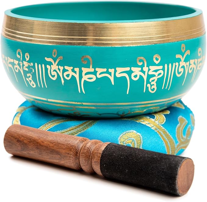 Tibetan Singing Bowl Set - 4" Easy To Play Authentic Handmade For Meditation Sound 7 Chakra Healing By HIMALAYAN BAZAAR (Turquoise Blue, 4")