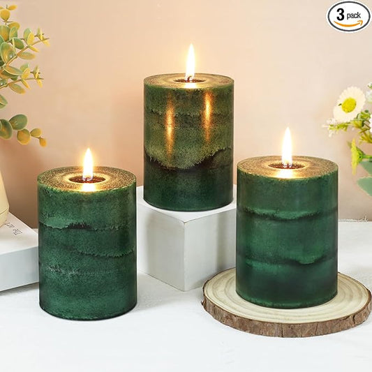 Fir Pine Scented Pillar Candles 3x4 Inch Dark Green 3-Layered Handcraft Holiday Forest Candle Smokeless Aromatherapy Candle for Christmas Decoration Home Party Fragrance Housewarming Gifts