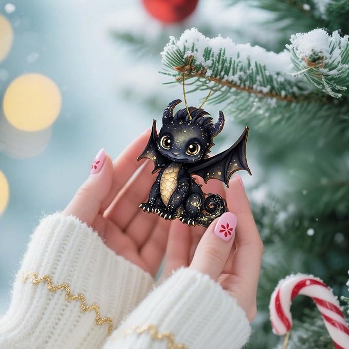 Black Dragon Christmas Tree Keepsake Ornaments, Funny Dragons Themed 2 Side Printed Flat Wooden Ornament, Xmas Hanging Decor