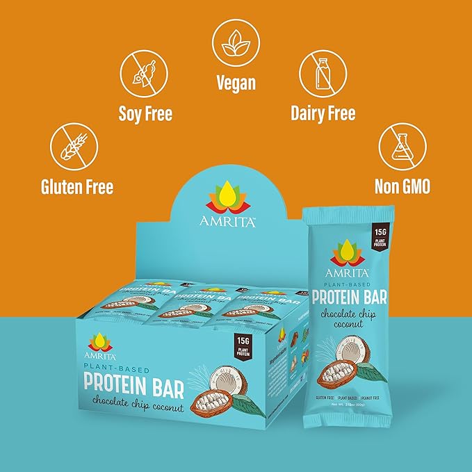 Amrita Nut Free Chocolate Chip Coconut Vegan Protein Bars (12 CT PK of 3) | 12g Plant-Based Protein Bar | Peanut Free, Gluten Free, and Dairy Free | Low Sugar, High Fiber, Healthy School-Safe Snacks