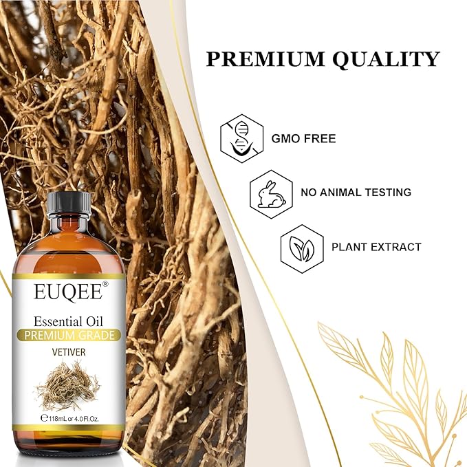 EUQEE Vetiver Essential Oil 4oz/118ML Large Bottle Vetiver Oil Premium Essential Oil for Candle Making, Humidifier, Diffusers - with Glass Dropper