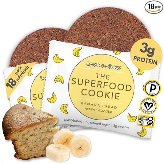 Love + Chew Soft Baked Protein Cookies, Gluten Free | (18) Count Banana Bread Minis | Vegan, Paleo, Non GMO and Packed with Superfoods. - Individually Wrapped, and Made from High Protein Almonds - (1) Ounce Cookies