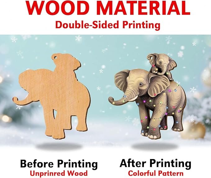 2 Side Printed Elephant Wooden Christmas Ornaments, Keepsake for Women, Men and Friends, Elephant Family Christmas Tree Ornaments, Animal Christmas Tree Decorations
