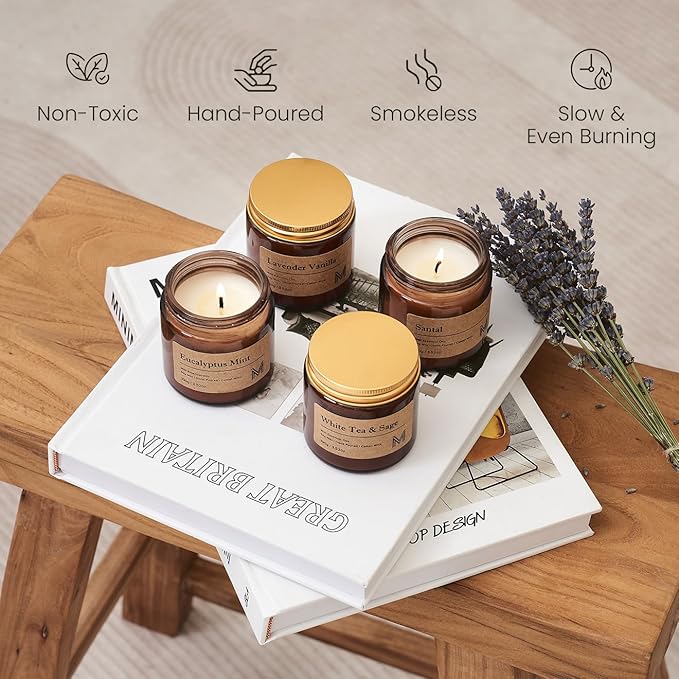 4 Pack Candles for Home Scented Aromatherapy Candle Gift Set for Women Soy Wax Long Lasting Amber Jar Candles Gift for Birthday Housewarming Mother's Valentine Day