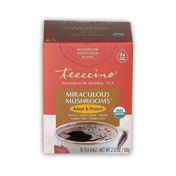 Teeccino Miraculous Mushrooms Adapt & Protect Herbal Tea By Teeccino, 10 Tea Bags - Five Organic Adaptogenic Mushrooms with Chicory & Cacao, 3x More Herbs than Regular Tea Bags, Caffeine Free, Prebiotic