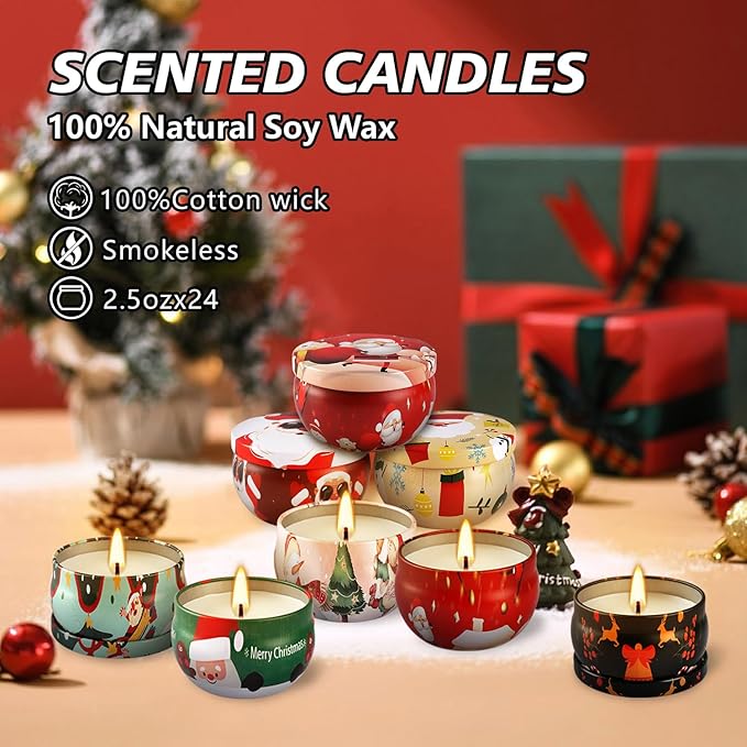 24 Pack Christmas Scented Candles - Natural Soy Wax, Smokeless Clean Burning, Cotton Wick, 2.5oz Mini Jar Candles for Holiday Gifts, Home Decor, Christmas Party Favors