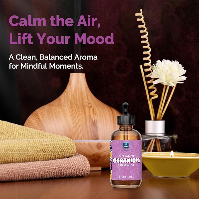 Geranium Essential Oil 2 Oz, 100% Pure Geranium Oil for Diffuser, Skin, Hair, Face, Soap & Candle Making, Aromatherapy & Massage
