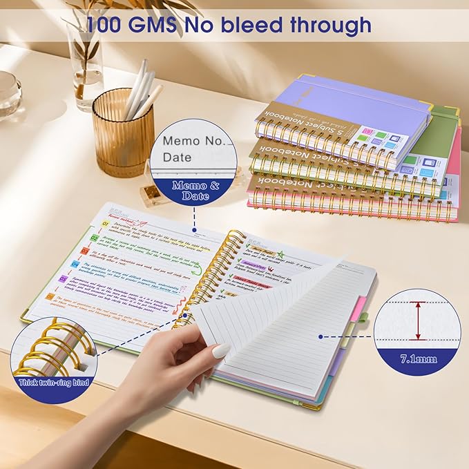 Hardcover Spiral Notebooks for Work, 5 Subject Notebook College Ruled with Dividers Tabs, 8.5" x 11" Lined Notebook Journal for Women, A4 Large Notebooks for School Note Taking, 240 Pages Purple