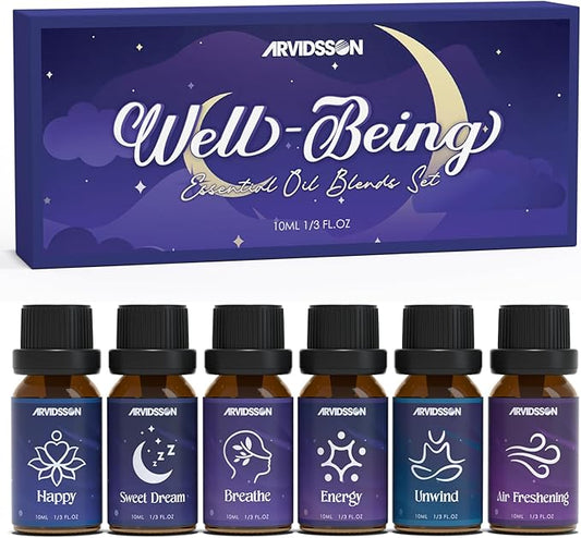 Essential Oil Blends Set, ARVIDSSON Natural Essential Oils for Diffusers, Well-Being Gift Set - Sweet Dreams, Happy, Unwind and More, Aromatherapy Diffuser Oils for Home