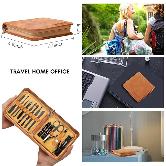 FAMILIFE Manicure Set, Professional Manicure Kit Nail Clipper Set Stainless Steel Pedicure Tools Kit with Leather Travel Case for Women Girl Men (Brown)