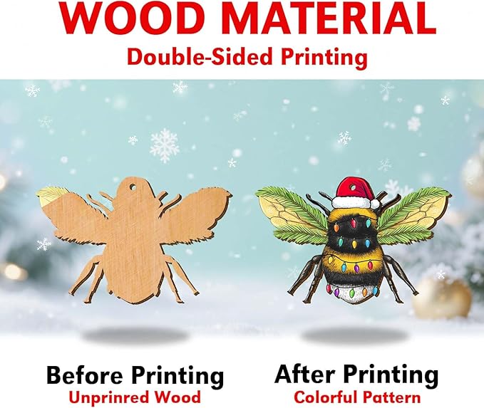 2 Side Printed Flat Christmas Wooden Ornaments, Animal Keepsake Hanging Tree Decoration, Santa Bee Ornament
