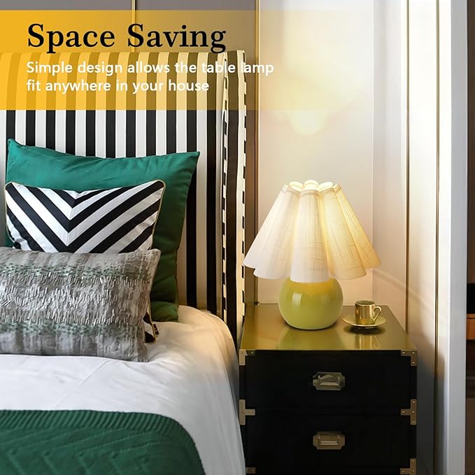 Green Small Bedside Mini Table Lamp for Bedroom, Cute Bedroom Lamps for Nightstand, Cute Mini Table Lamps for Small Spaces with Scalloped Shade for Kitchen Counter, Bookshelf, Kids Dorm