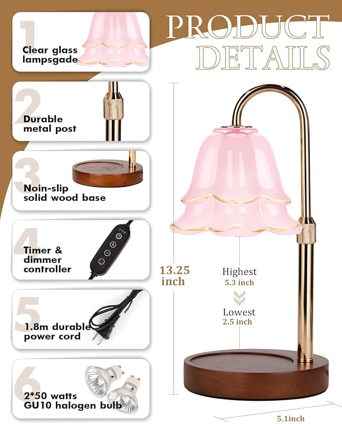 Candle Warmer Lamp with Timer Dimmable, Height Adjustable Birthday Gifts for Women Mom House Warming, Home Decor, Lotus Flower Candle Lamp Warmer 2 Bulbs Inc (Pink-1)