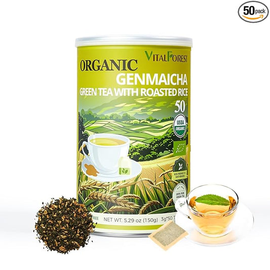 5.29oz Organic Genmaicha Green Tea with Roasted Rice, 50 Count, Unbleached, ECO-Conscious Genmaicha Tea Bags, VitalForest Roasted Green Tea Brown Rice Tea
