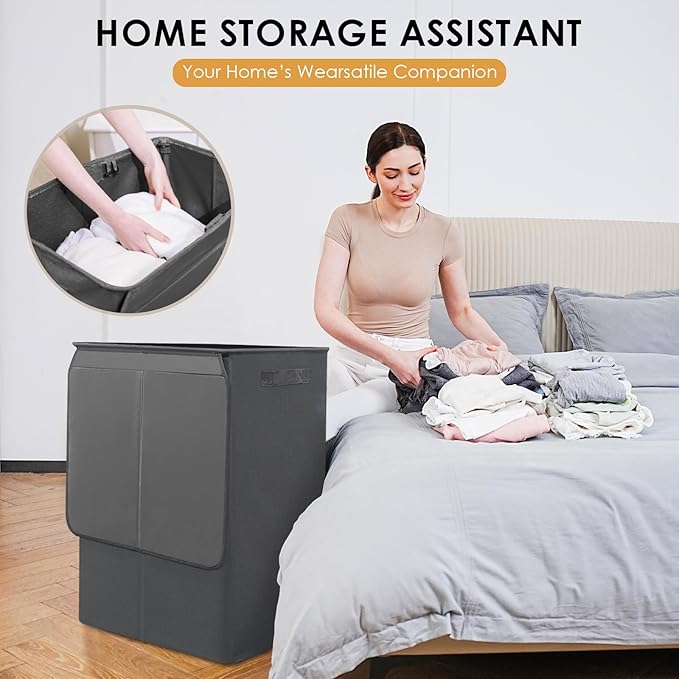 Double Laundry Hamper with Lid, 135L Dirty Clothes Hamper with Removable Bags & Labels, Laundry Basket 2 Section for Separating, Large Laundry Basket for Laundry Room, Bedroom, Dark Grey