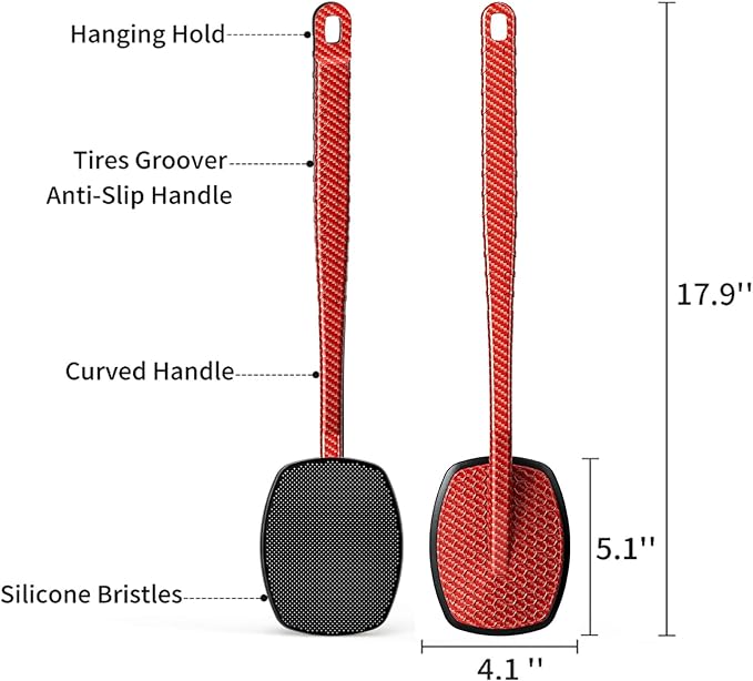 New Carbon Fiber- Red Silicone Back Scrubber for Shower, Back Shower Brush with Long Handle Back Scrubber for Men and Women