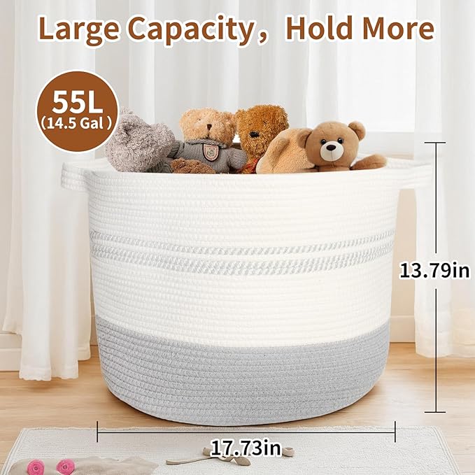 55L Woven Cotton Rope Storage Basket with Handles: 17.7"x13.7" Laundry Hamper for Clothes, Blanket Baskt, Nursery Storage and Laundry Basket for Toys, Towels, Books, Light grey
