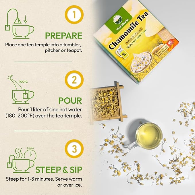 VietGlowie 30 Chamomile Pyramid Tea Bags, 3g/Bag to 33oz, Chamomile Herbal Tea, Bedtime & Sleep Support, Caffeine-Free, 100% Natural, Corn-Based Tea Bags
