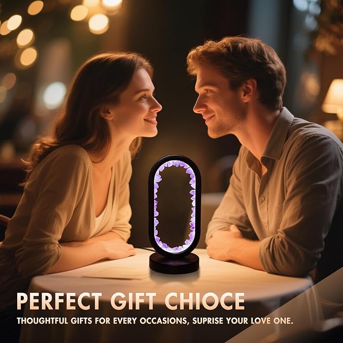 Healing Crystal Night Light,3 Colors Ambient Lighting USB Dimming Healing Crystal Table Lamp,Natural Energy Crystal Decor for Bedroom Home Dating Gift (Purple, Ellipse)