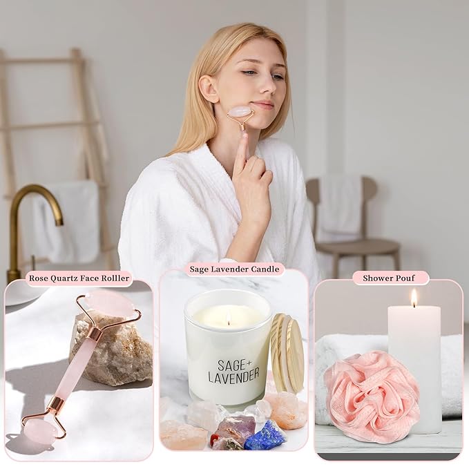 Birthday Gifts For Women, Bathrobe Set With Silky Satin Sleep Mask, Spa Robe and Slippers set, Scented Candle Self Care 7 Pack Set Suitable For Christmas Thanksgiven Day Beige